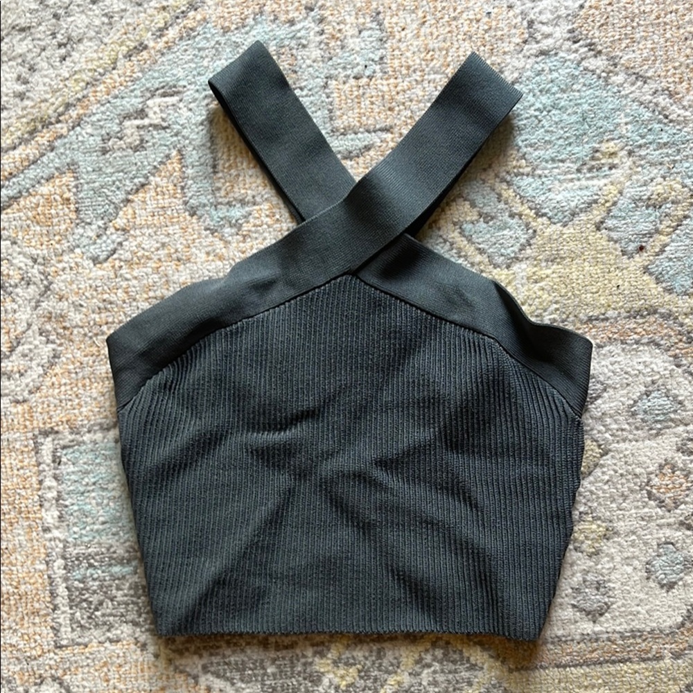Babaton | Black Ribbed Cross-Strap Crop Top